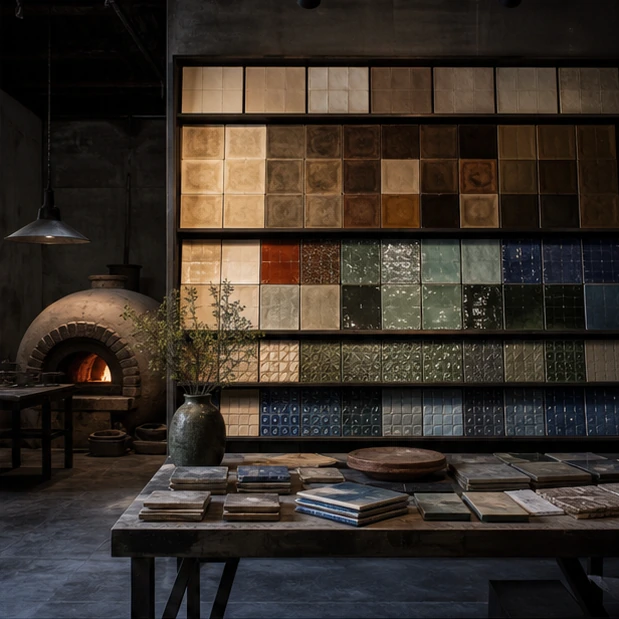 Concept dark tile showroom with workshop atmosphere